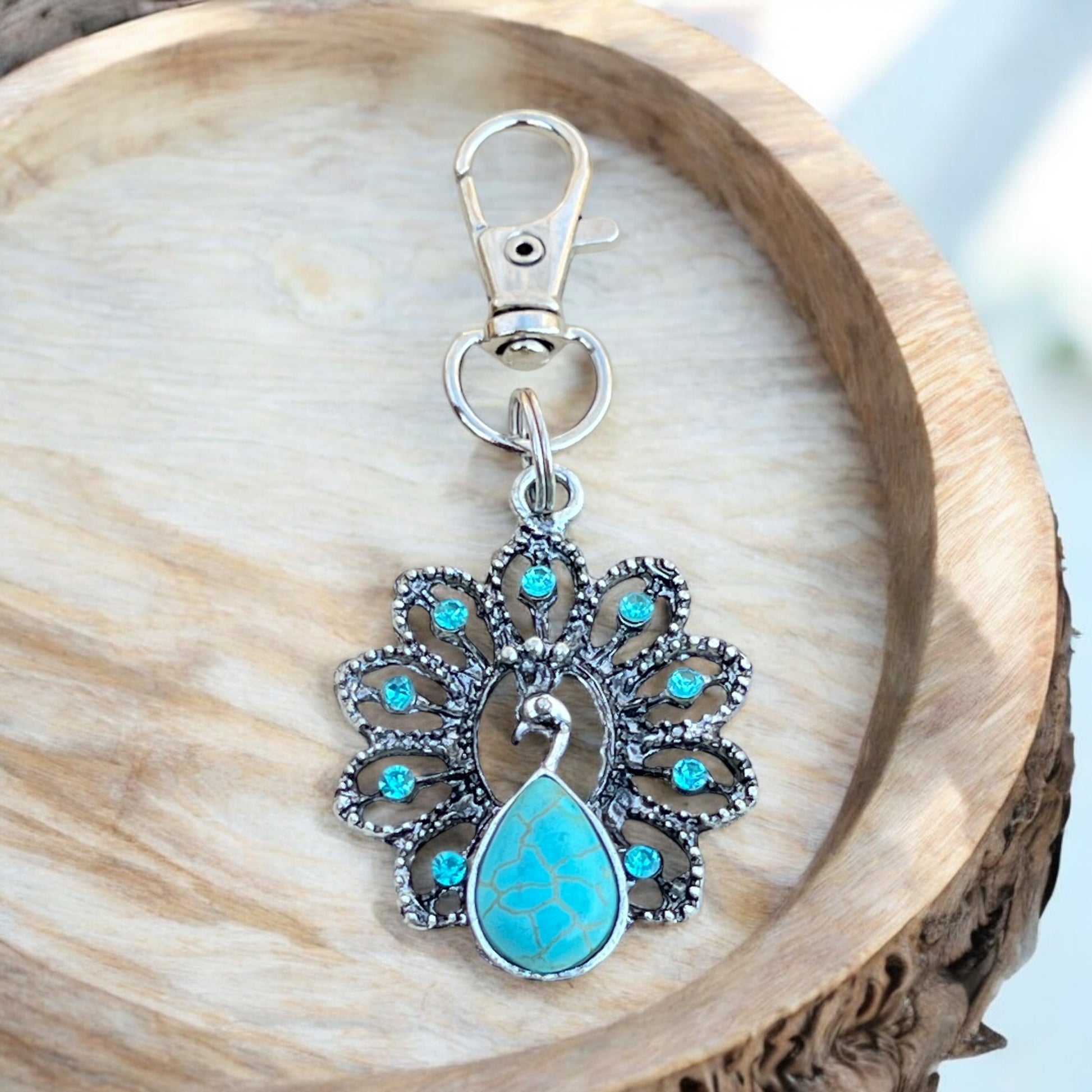 Turquoise Peacock Keychain – Handmade Boho Bag Charm