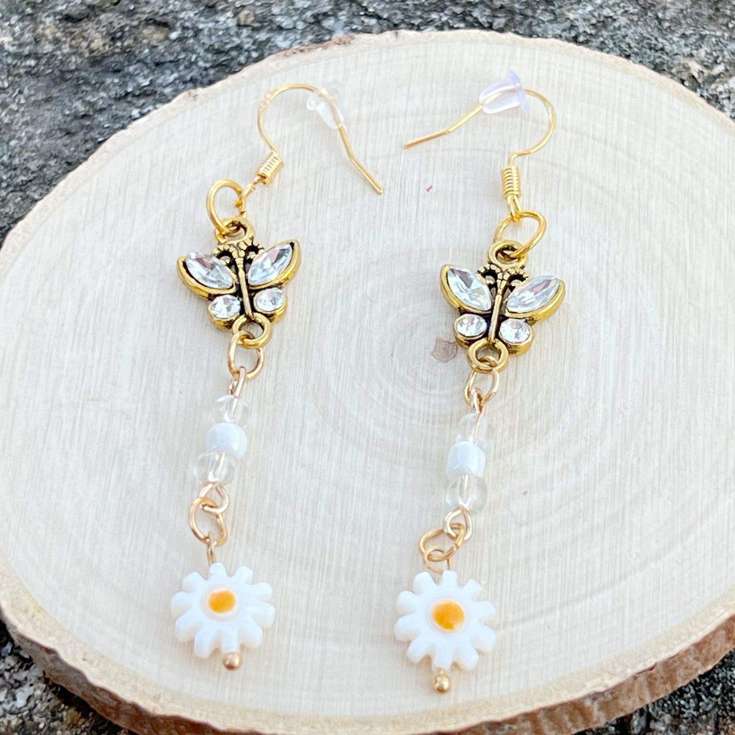 Butterfly & Daisy Earrings – Handmade Gold Floral Dangles