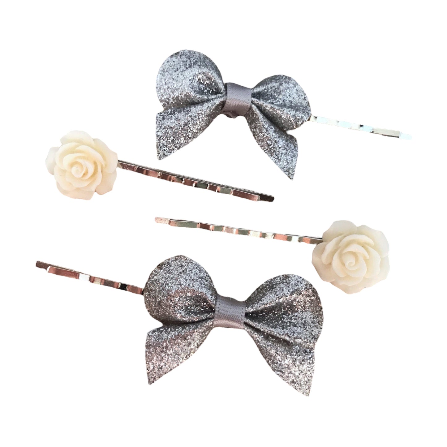 Silver Glitter Bow & Cream Floral Hair Pins - Boho Bobby Pin Set