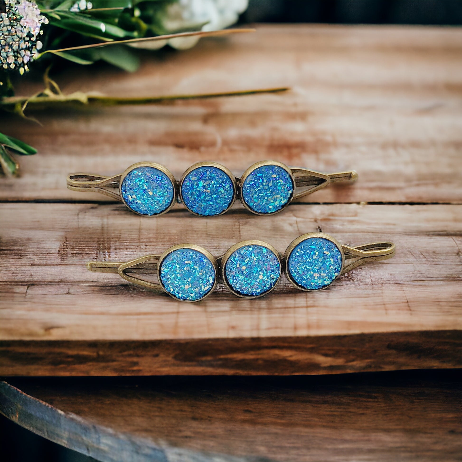Blue Glitter Druzy Hair Pins - Sparkling & Stylish Hair Accessories