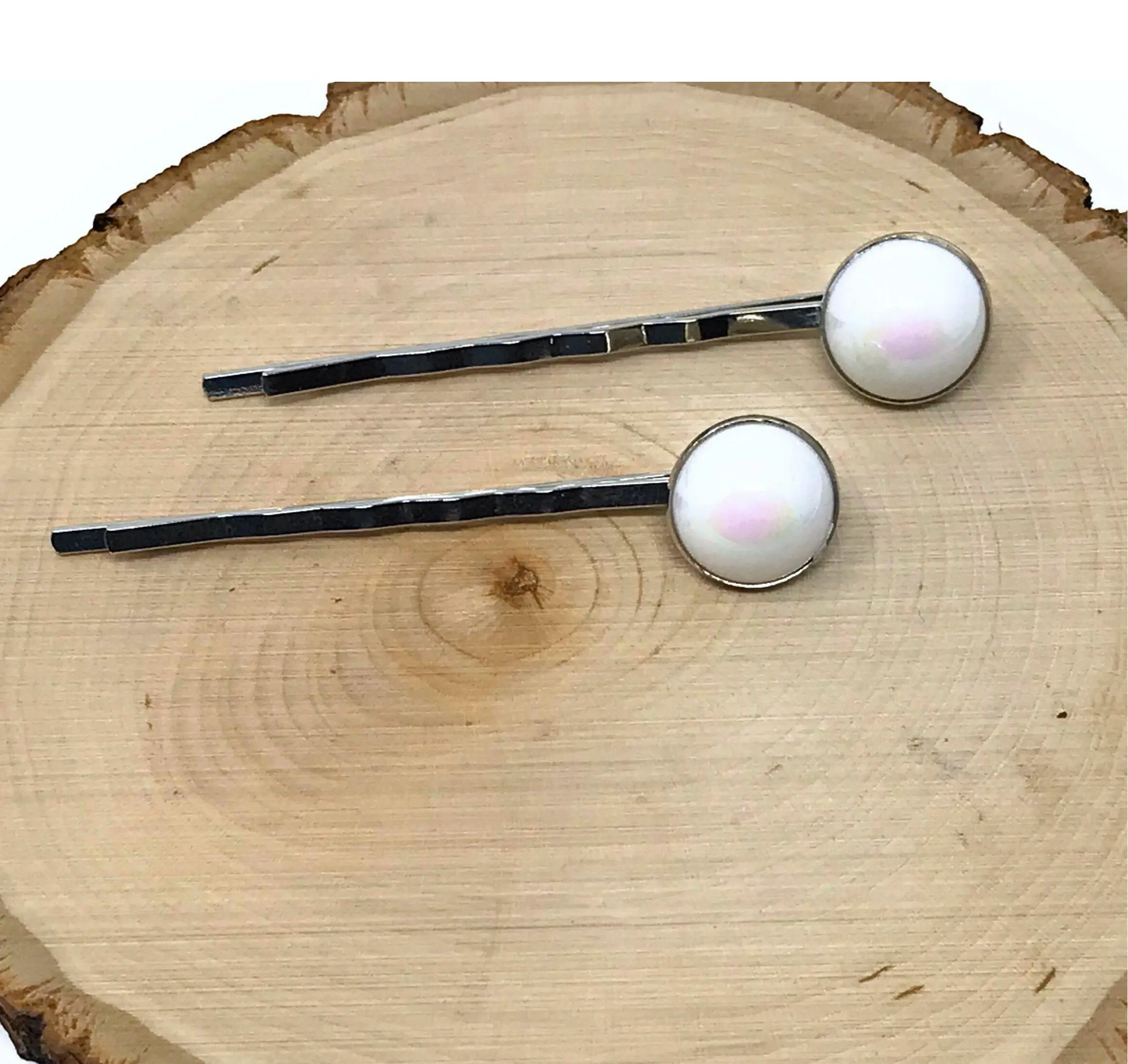 Iridescent White Circle Hair Pins - Set of 2 Decorative Bobby Pins Be Grace Be Love Boutique