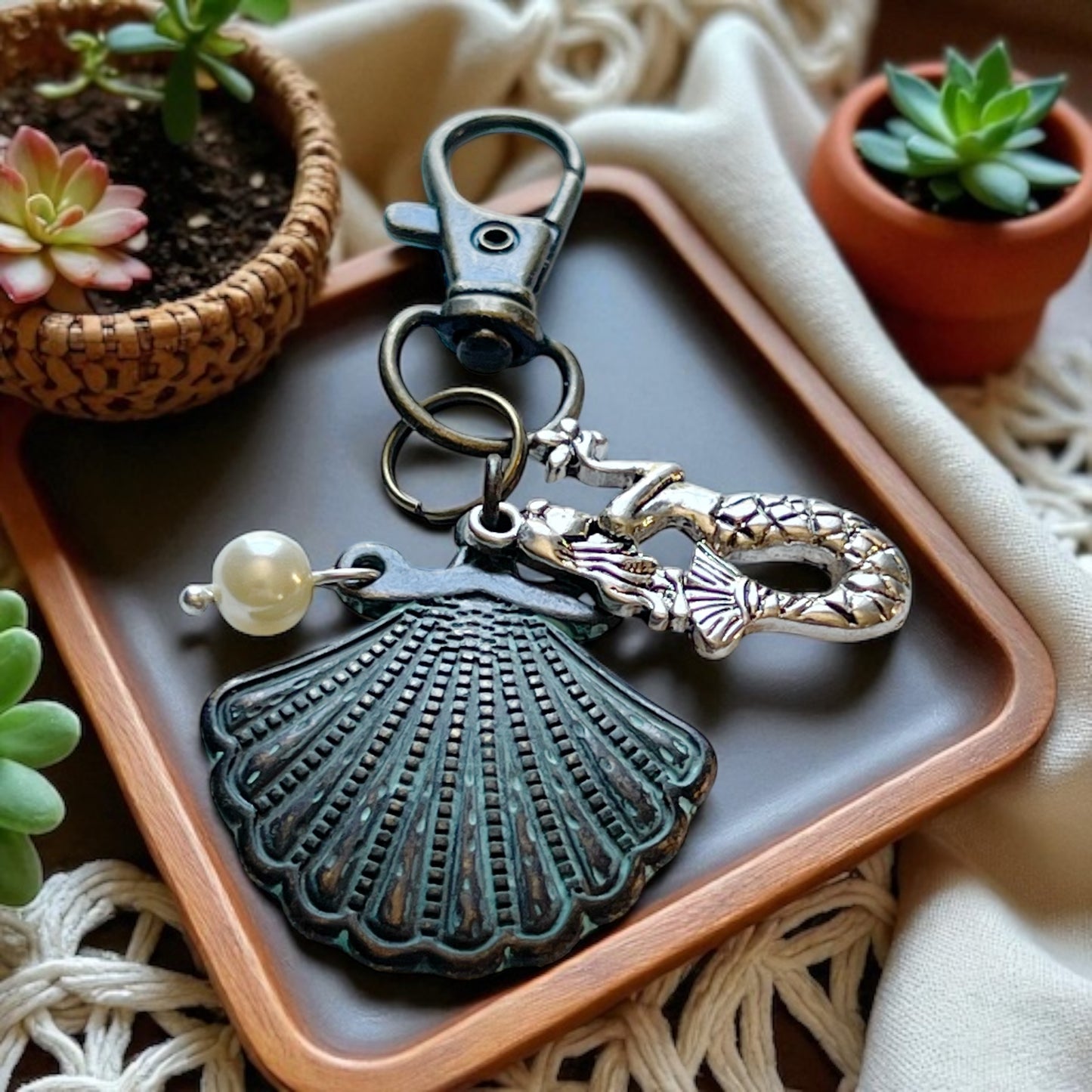 Mermaid & Seashell Purse Charm – Coastal Keychain with Pearl Accent