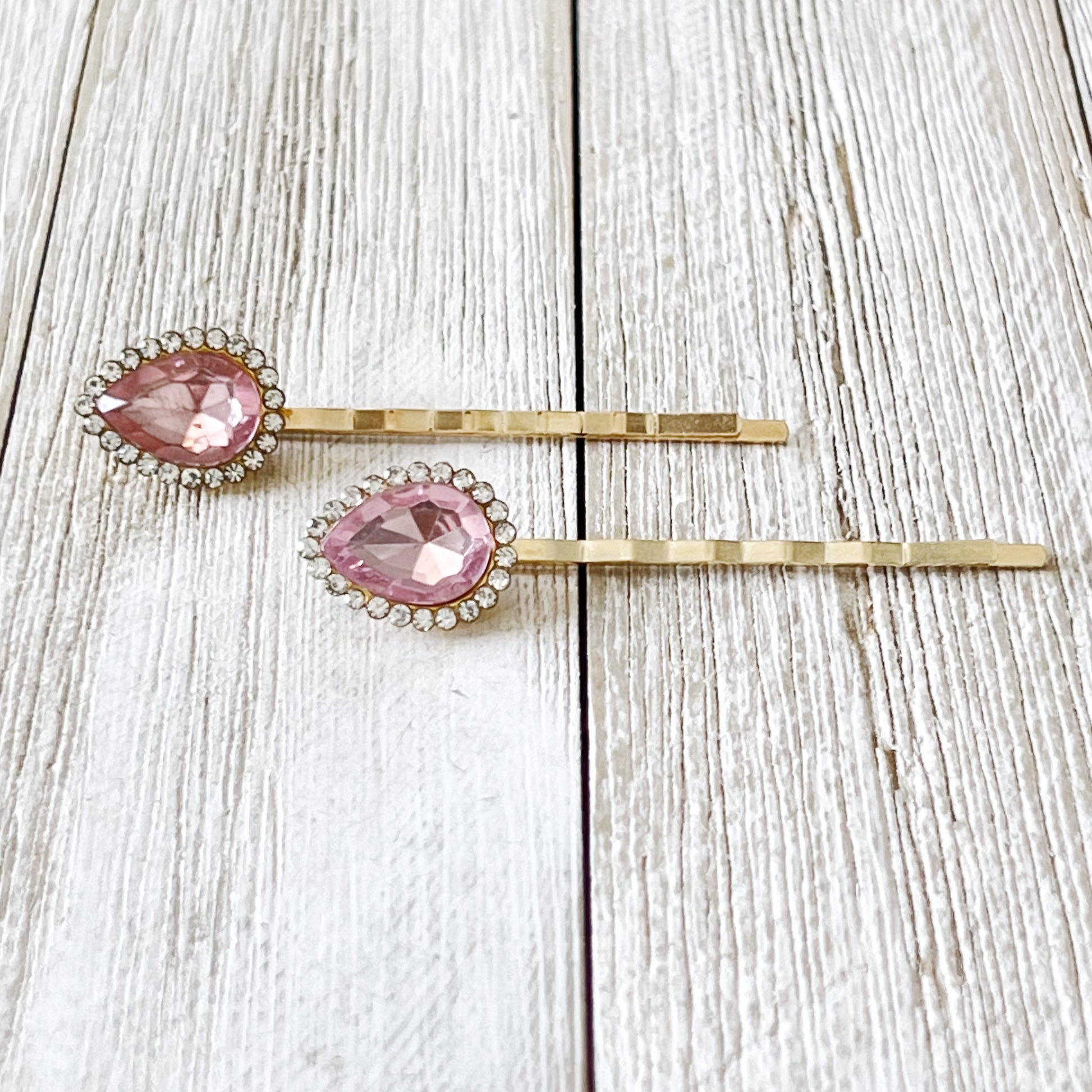 Pink Teardrop Gem Hair Pins – Gold Bobby Pins with Rhinestone Accents