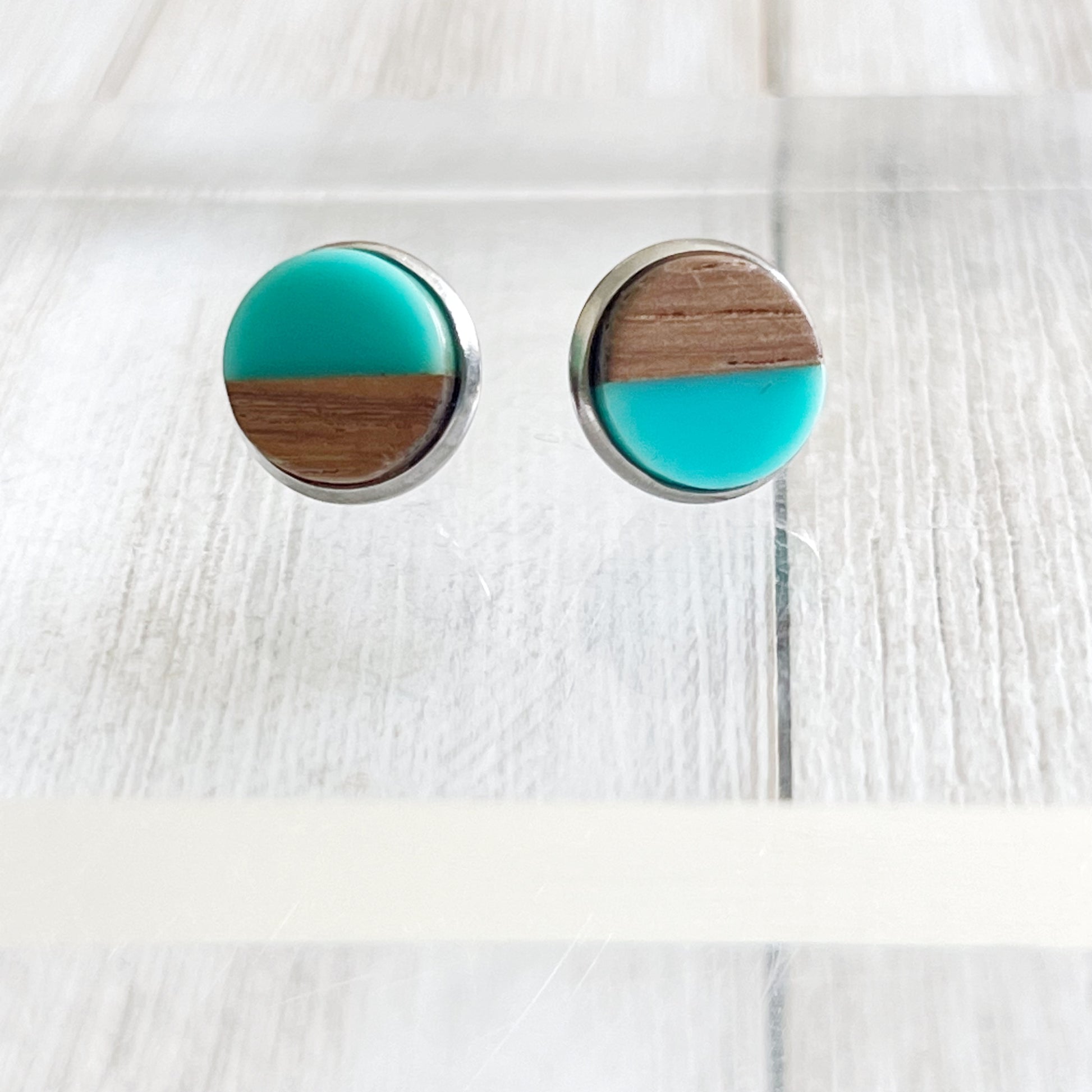 Wood & Teal Resin 10mm Stud Earrings - Natural & Elegant Accessories