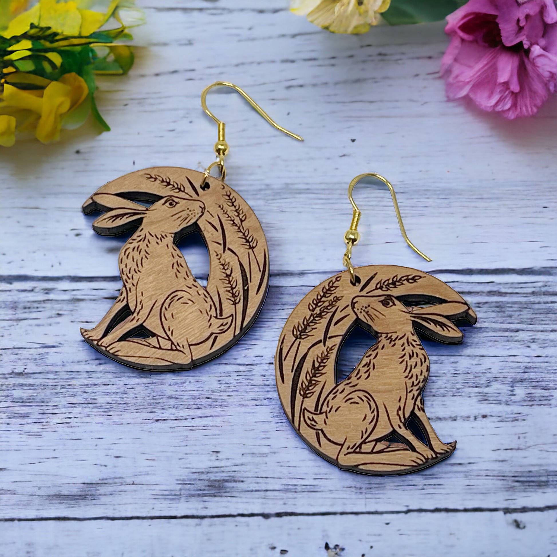 Wooden Bunny Earrings with Crescent Moon & Wheat Design - Whimsical and Nature-Inspired Accessories