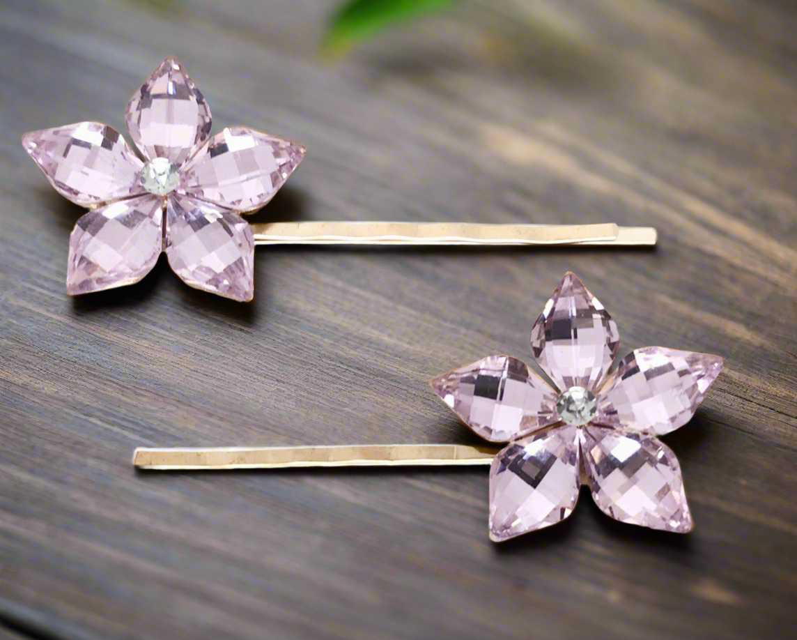 Pink Flower Rhinestone Hair Pins - Boho Wedding Bobby Pin Set of 2