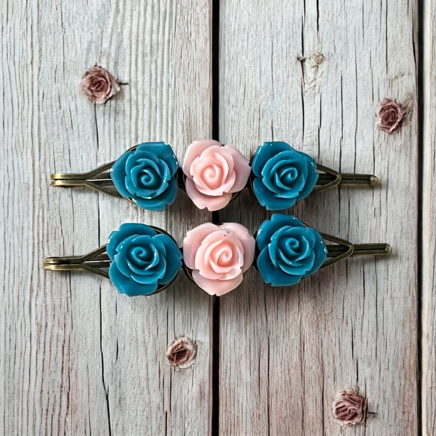 Teal & Light Pink Rose Hair Pins