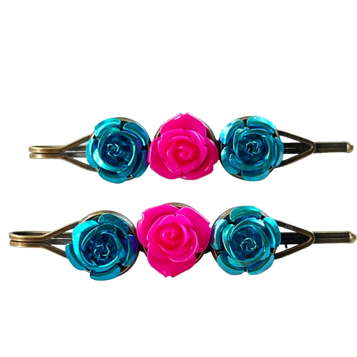 Teal & Hot Pink Rose Hair Pins – Bold Metallic Flower Hair Clip Set