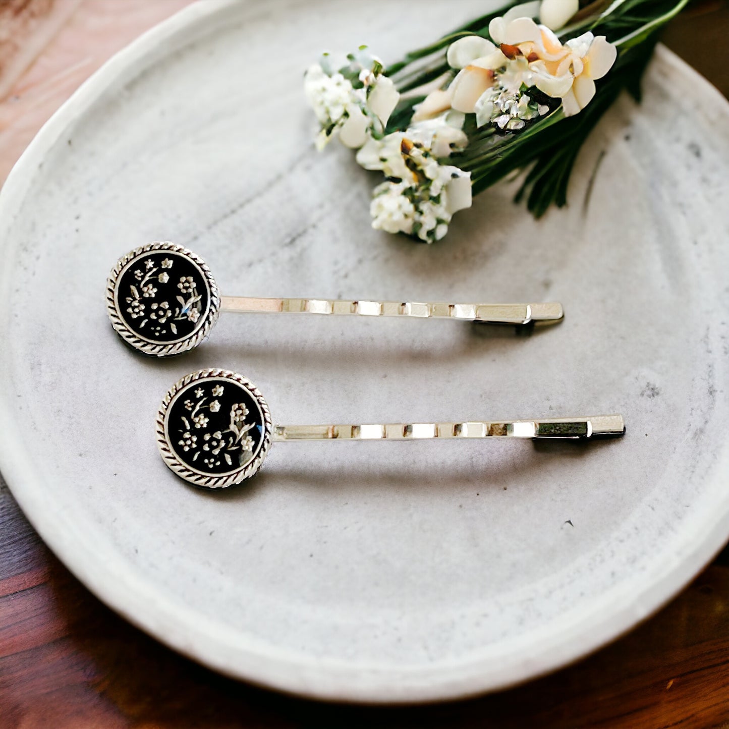 Black & Antiqued Silver Wildflower Hair Pins - Elegant and Versatile Hair Accessories