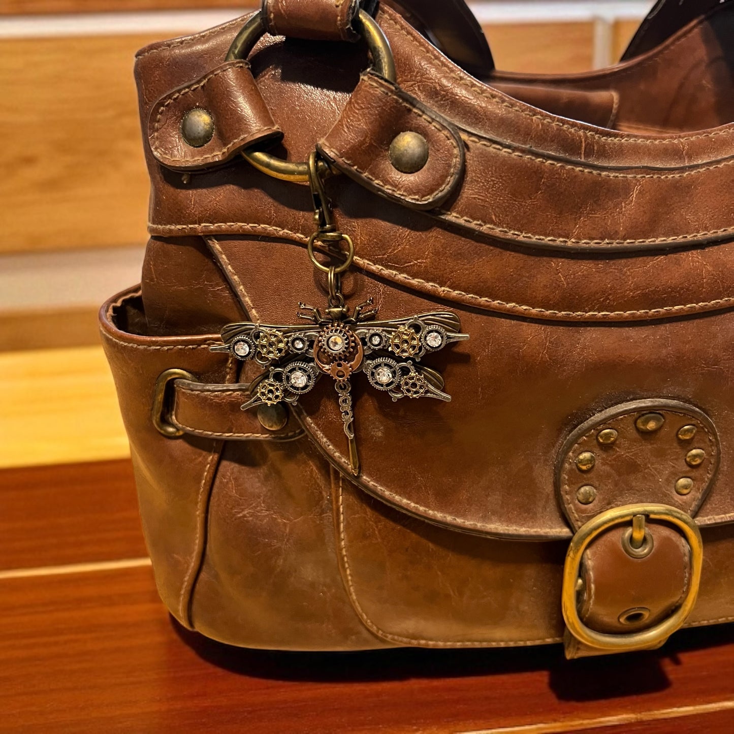 Steampunk Dragonfly Purse Charm – Mixed Metal Gear Keychain with Crystals
