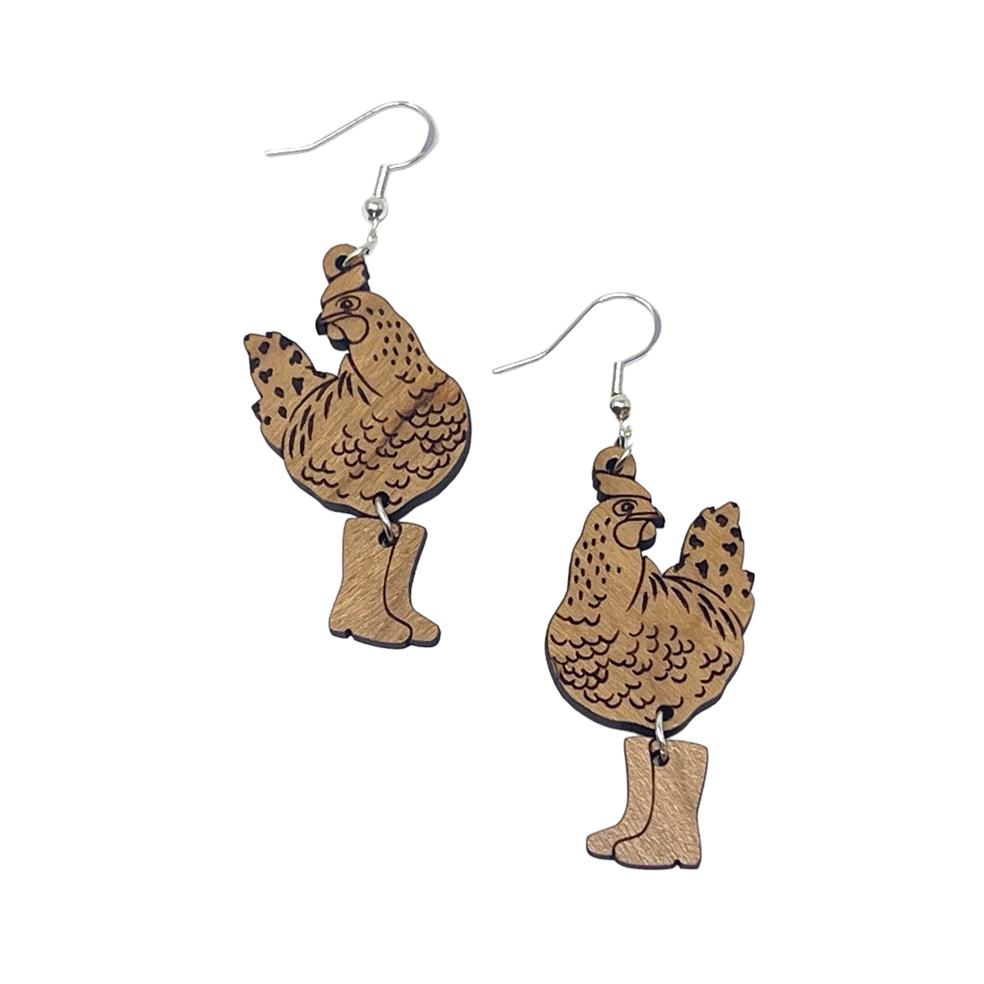 Chic Chicken in Boots Wood Earrings: Handmade Rustic Jewelry for Animal Lovers