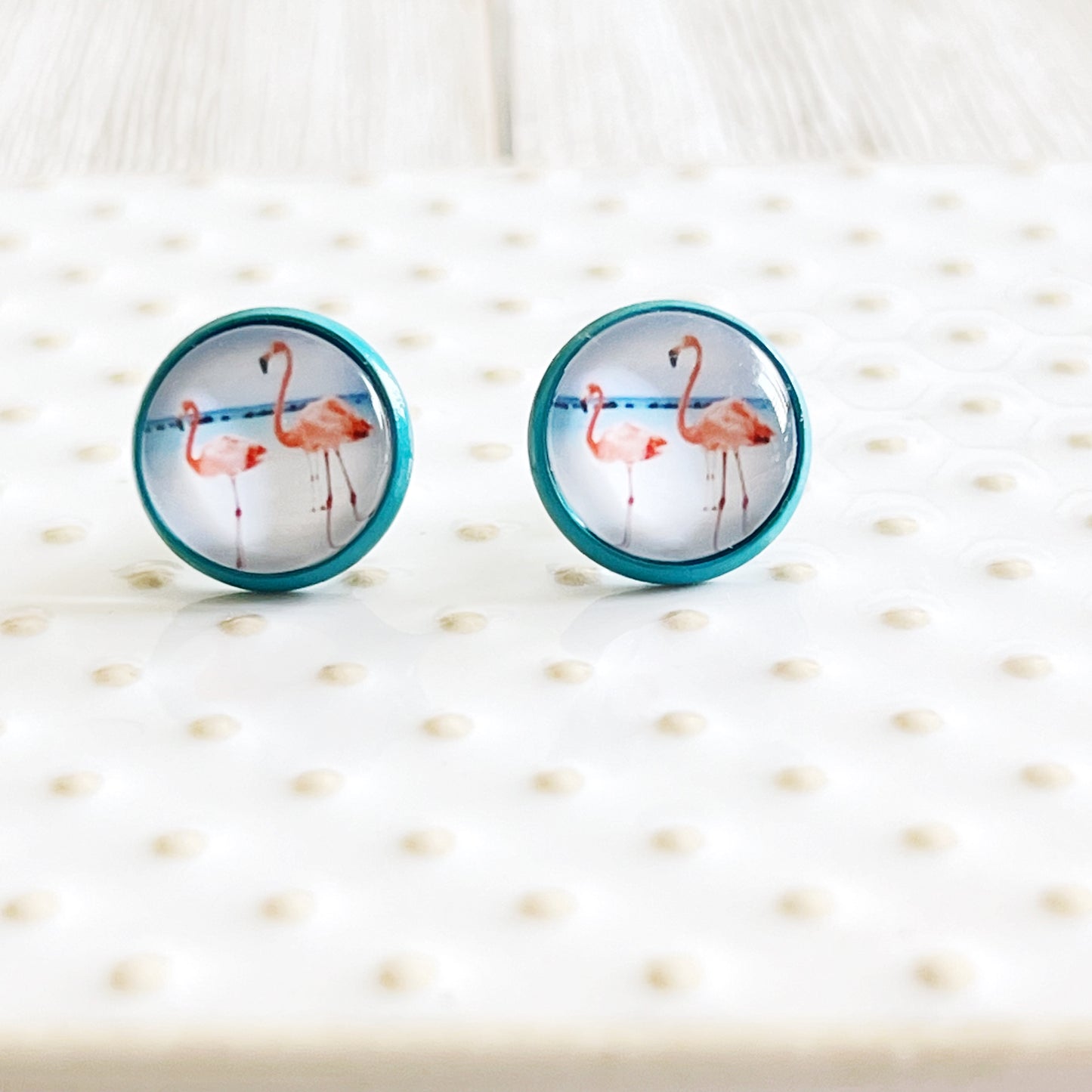 Flamingo Stud Earrings – Tropical Beach Jewelry in Teal Bezel Setting