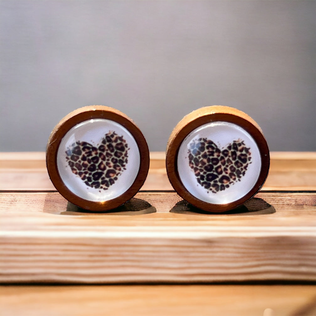 Animal Print Heart Wood Earring Studs - Rustic & Unique Accessories