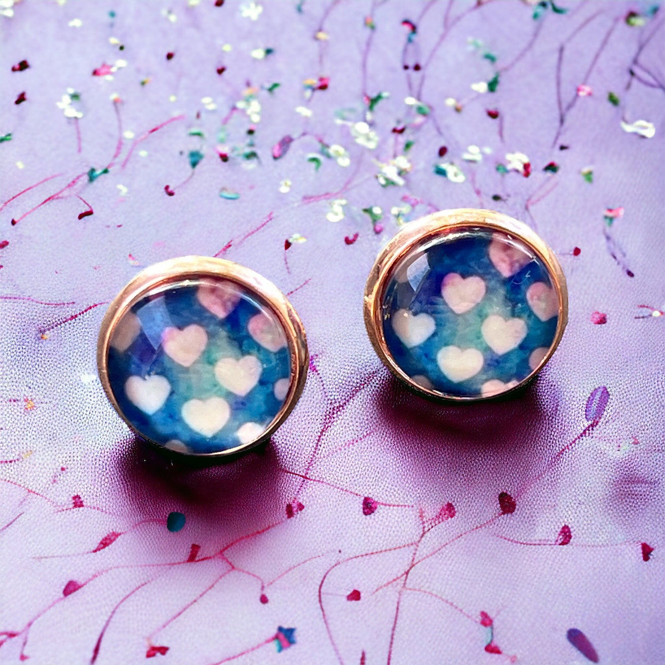 Galaxy Heart Stud Earrings – Whimsical Pastel Love Jewelry in Rose Gold
