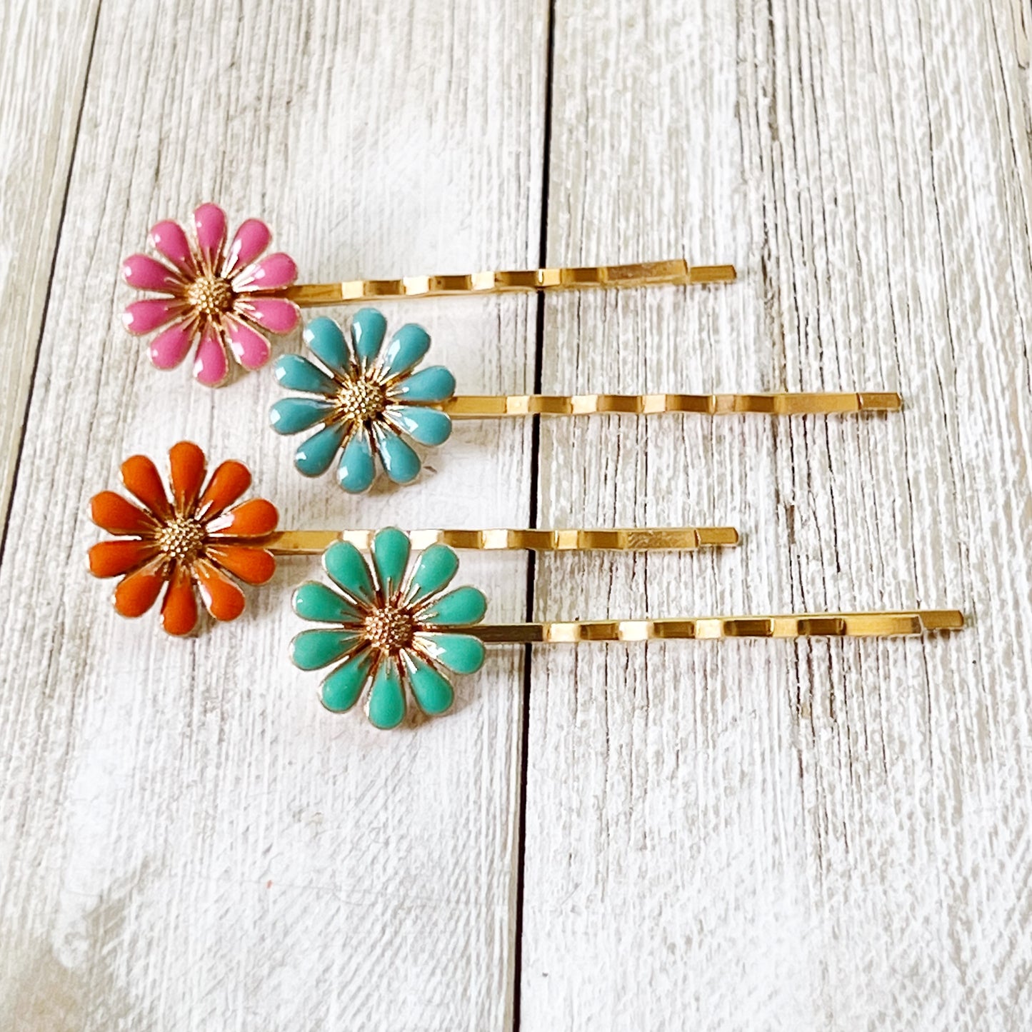 Colorful Daisy Hair Pins – Gold Bobby Pin Set with Enamel Flower Accents