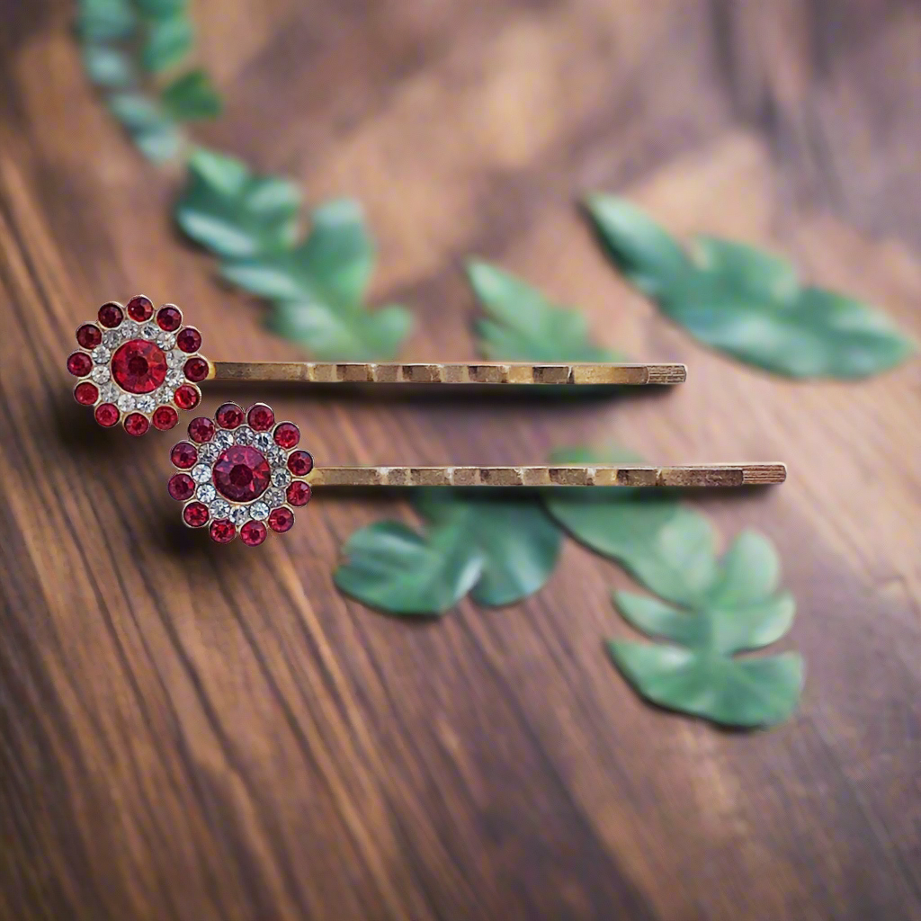 Red Rhinestone Hair Pins - Decorative Wedding Bobby Pins