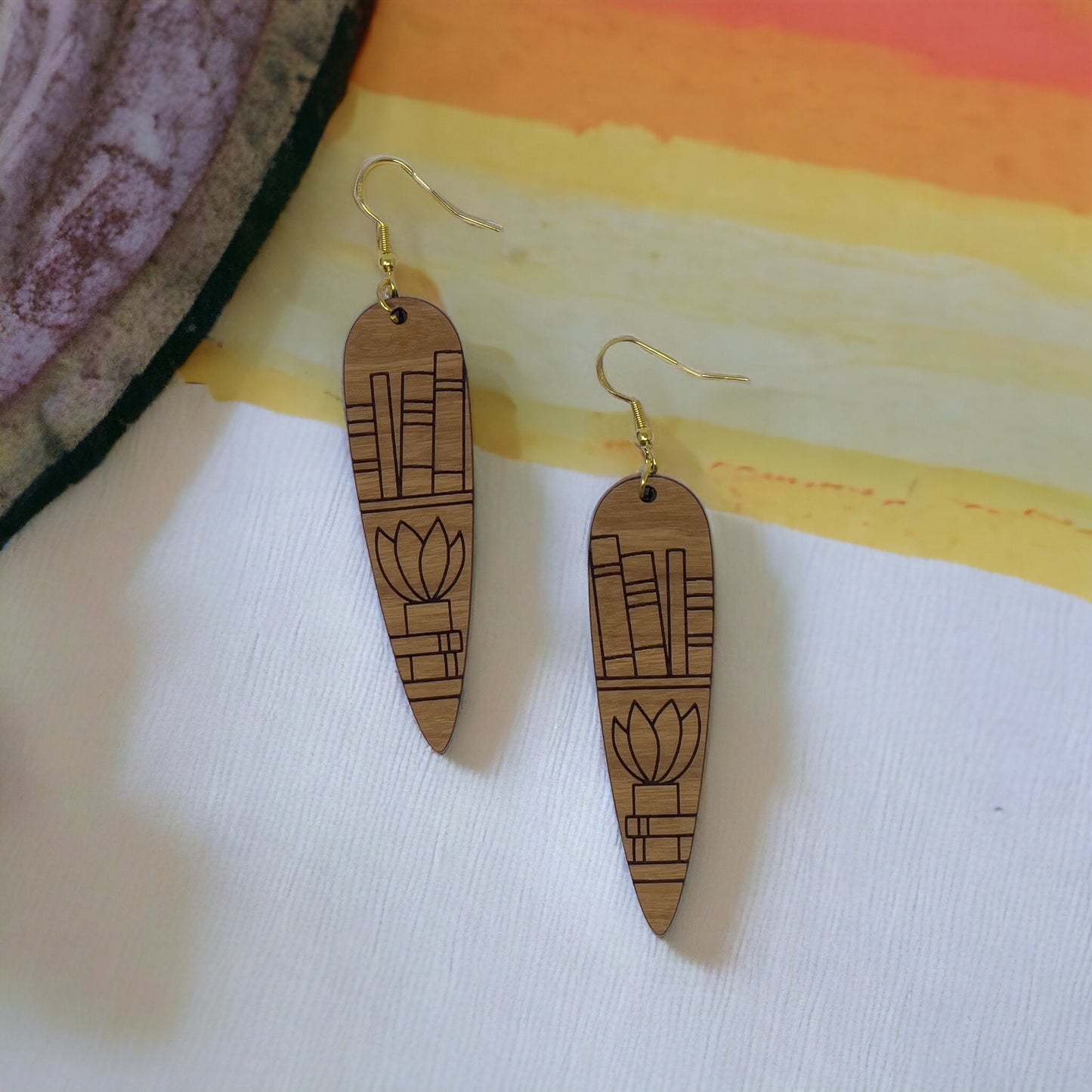 Bookshelf & Plant Wood Earrings – Boho Literary Jewelry