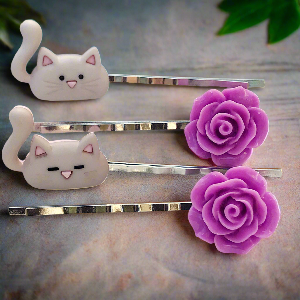 Gray Cats & Purple Flowers Hair Pin Set - Charming Accessories