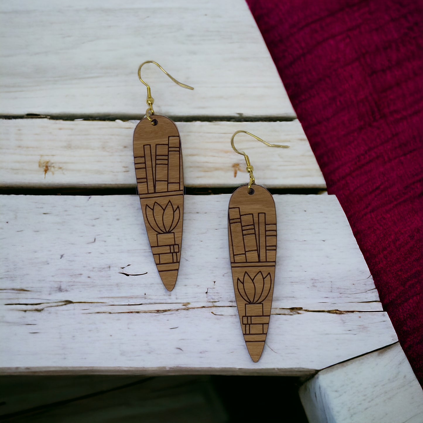 Bookshelf & Plant Wood Earrings – Boho Literary Jewelry