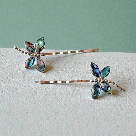Abalone & Silver Dragonfly Hair Pin Set – Natural Shell Bobby Pins for Women Be Grace Be Love Boutique