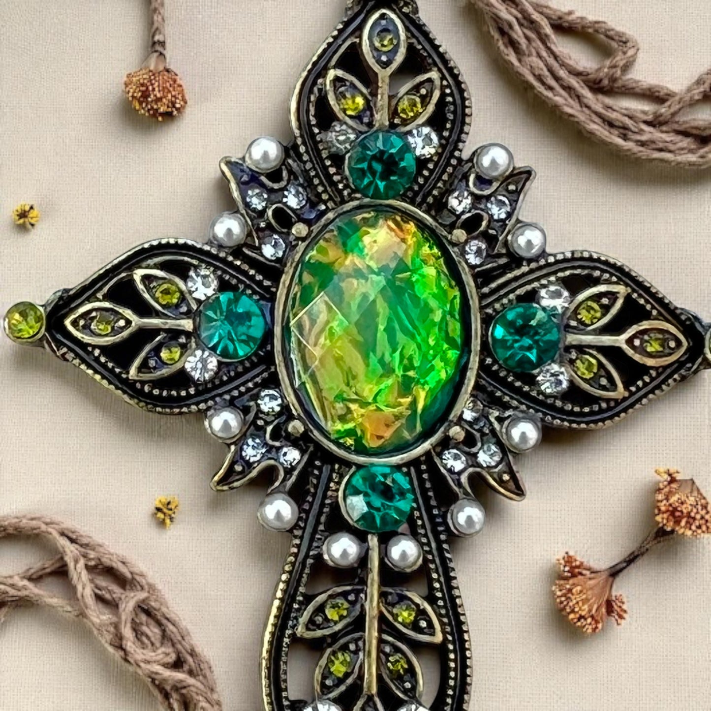 Ornate Cross Purse Charm – Vintage Bronze Keychain with Rhinestones