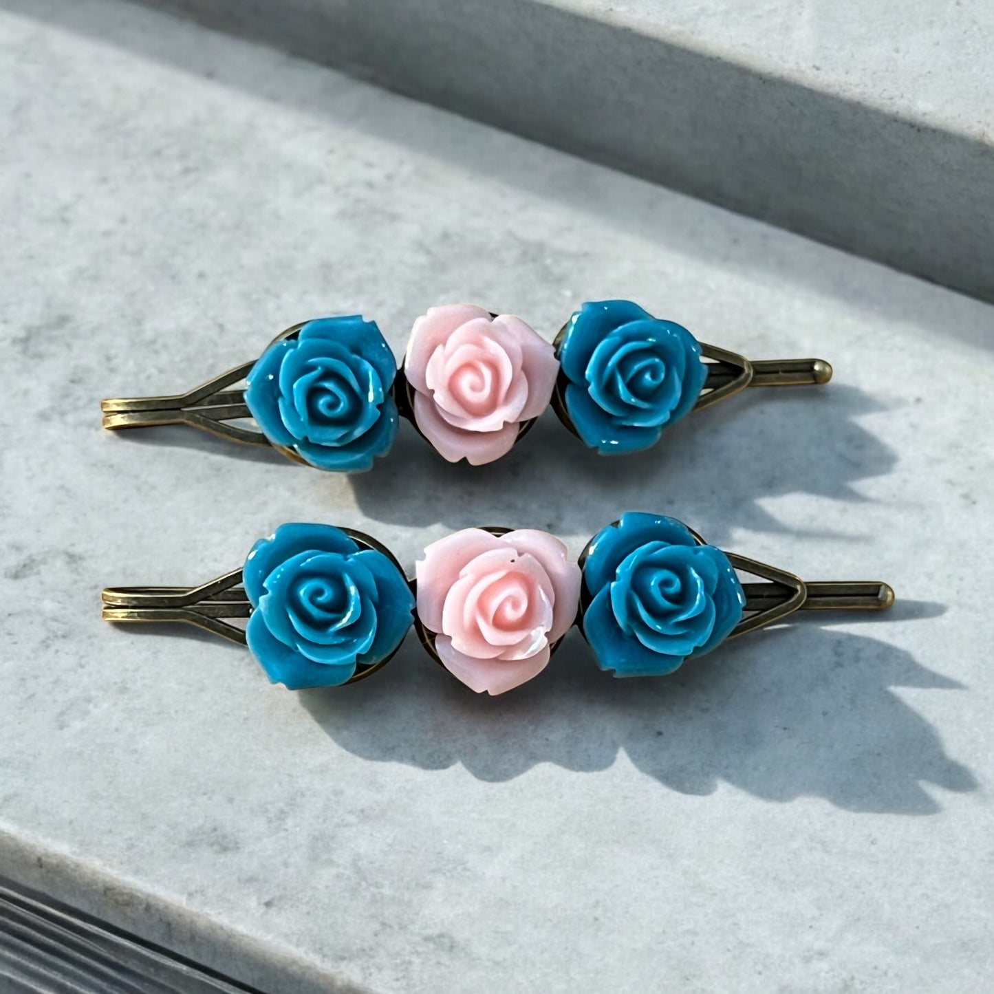 Teal & Light Pink Rose Hair Pins