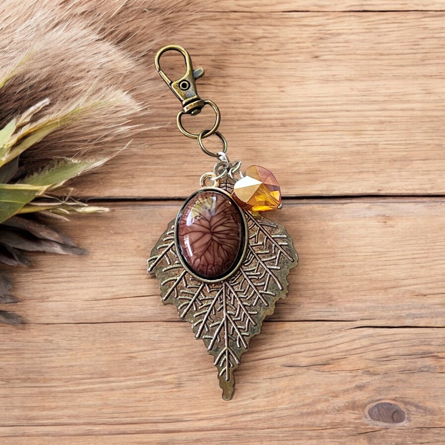 Leaf Purse Charm – Bronze Botanical Keychain with Glass Heart Accent