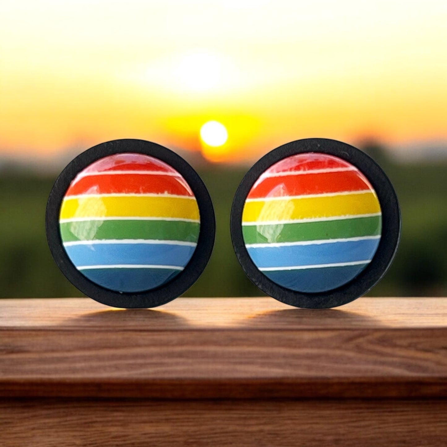 Rainbow Stripe Stud Earrings – Bold Colorful Handmade Jewelry in Black Wood