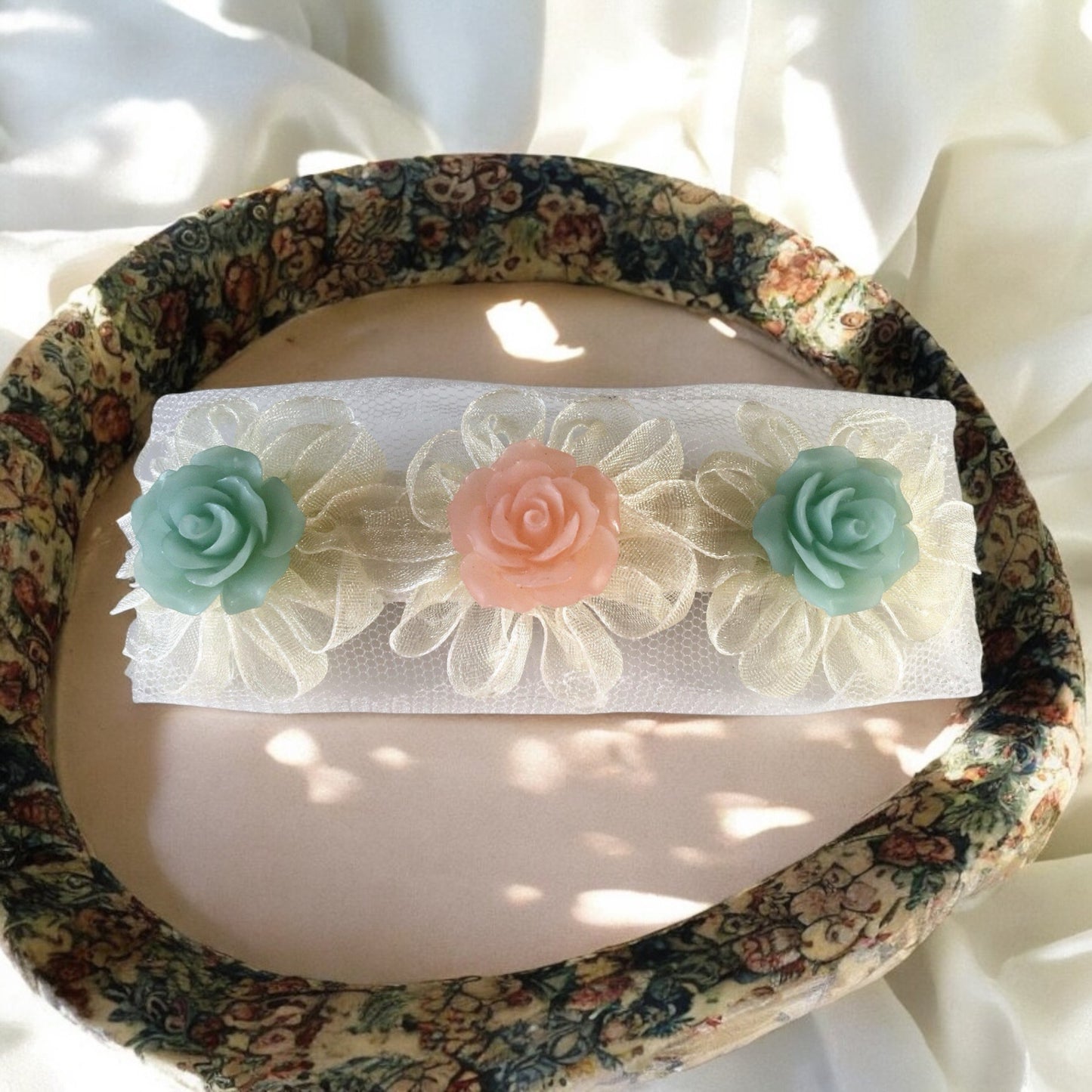 Pink & Mint Rose Hair Clip - Charming Floral Accessory