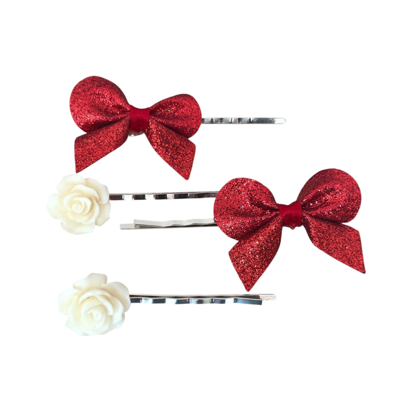 Red Bows & Cream Rose Hair Pins - Set of 4 Hair Accessories
