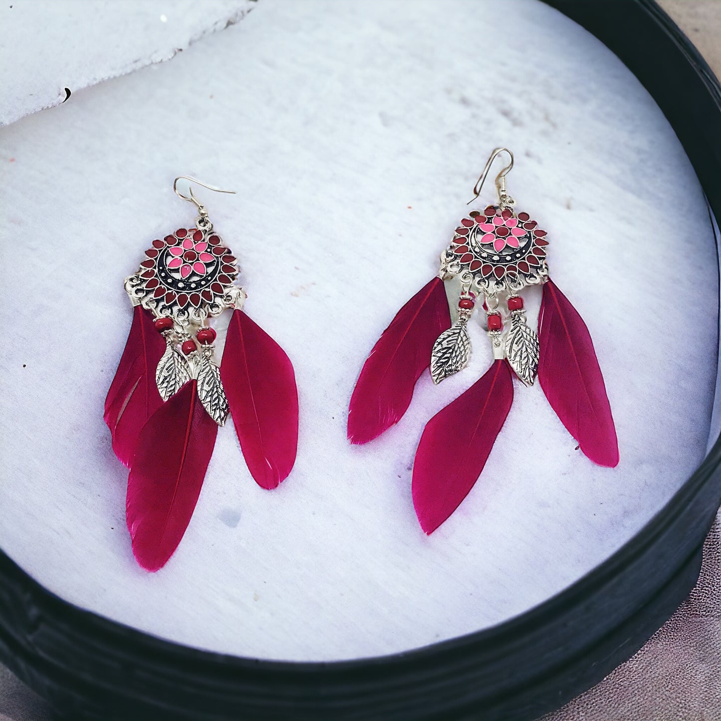 Red Feather Dangle Earrings – Western Boho-Chic Jewelry
