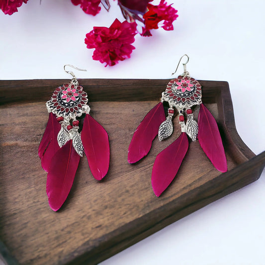 Red Feather Dangle Earrings – Western Boho-Chic Jewelry