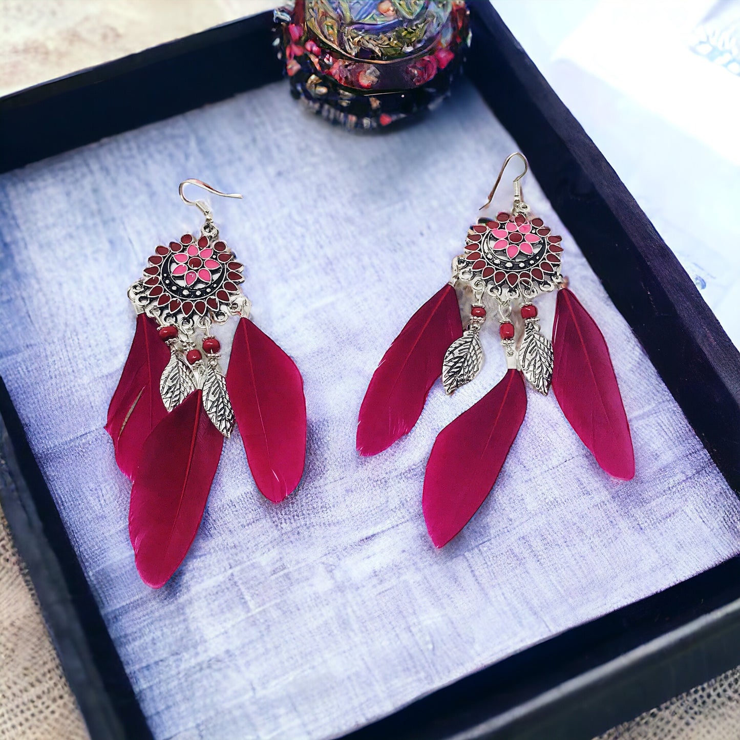 Red Feather Dangle Earrings – Western Boho-Chic Jewelry