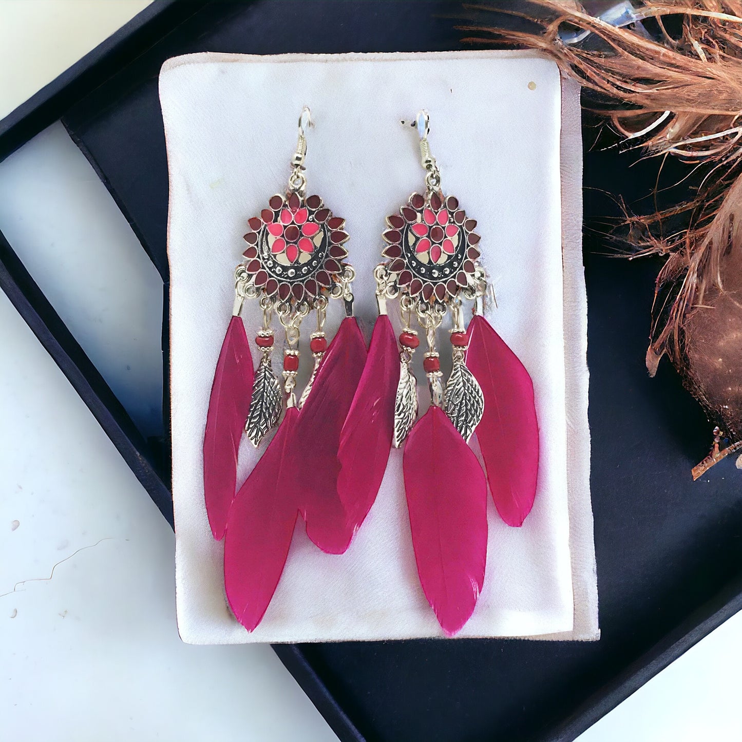 Red Feather Dangle Earrings – Western Boho-Chic Jewelry