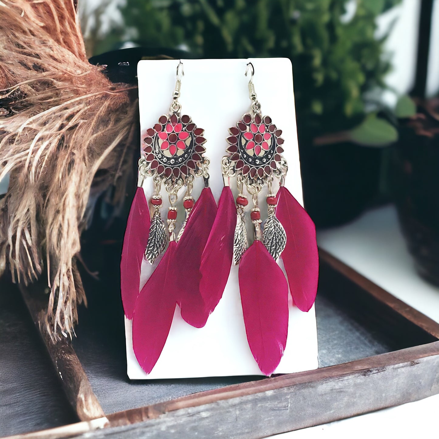 Red Feather Dangle Earrings – Western Boho-Chic Jewelry
