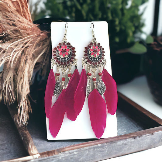 Red Feather Western Dangle Earrings - Stylish Boho-Chic Accessories