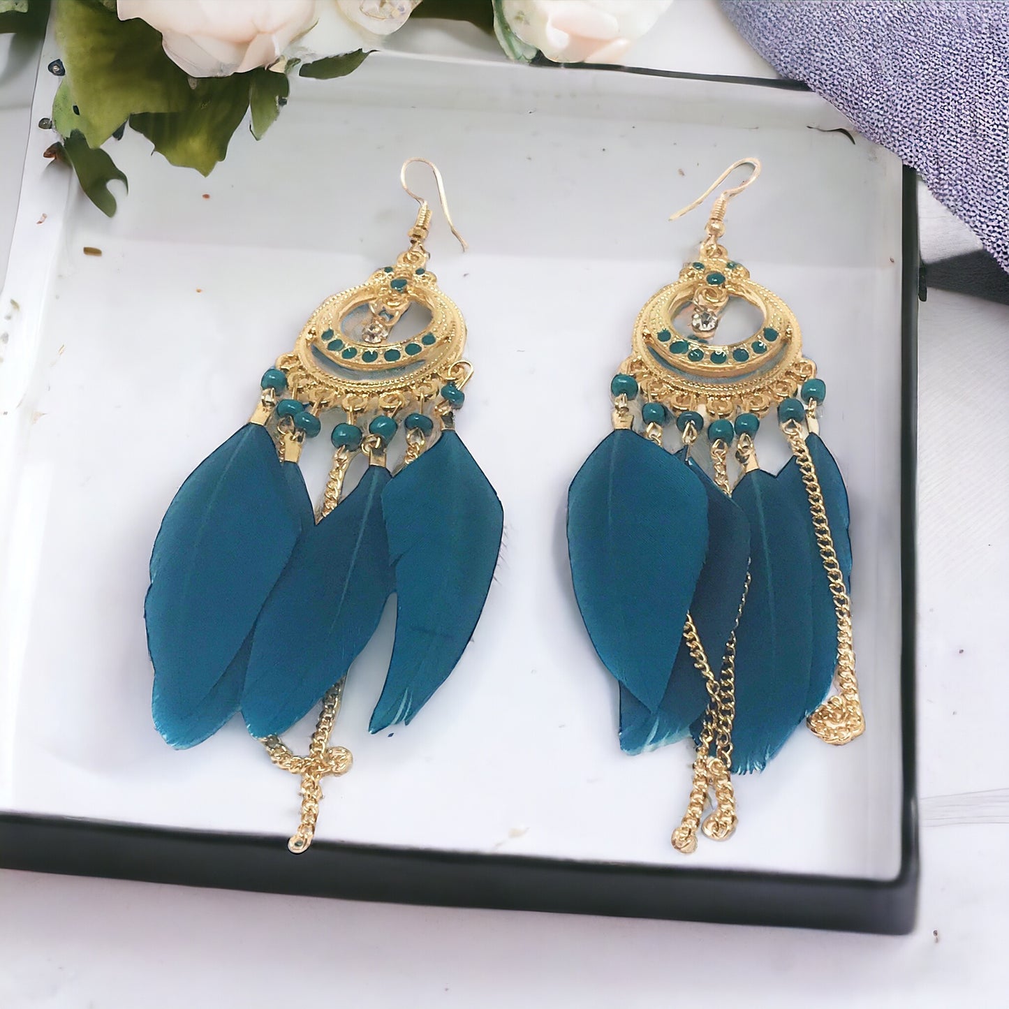 Blue Feather Dangle Earrings – Boho Chic Chain Jewelry