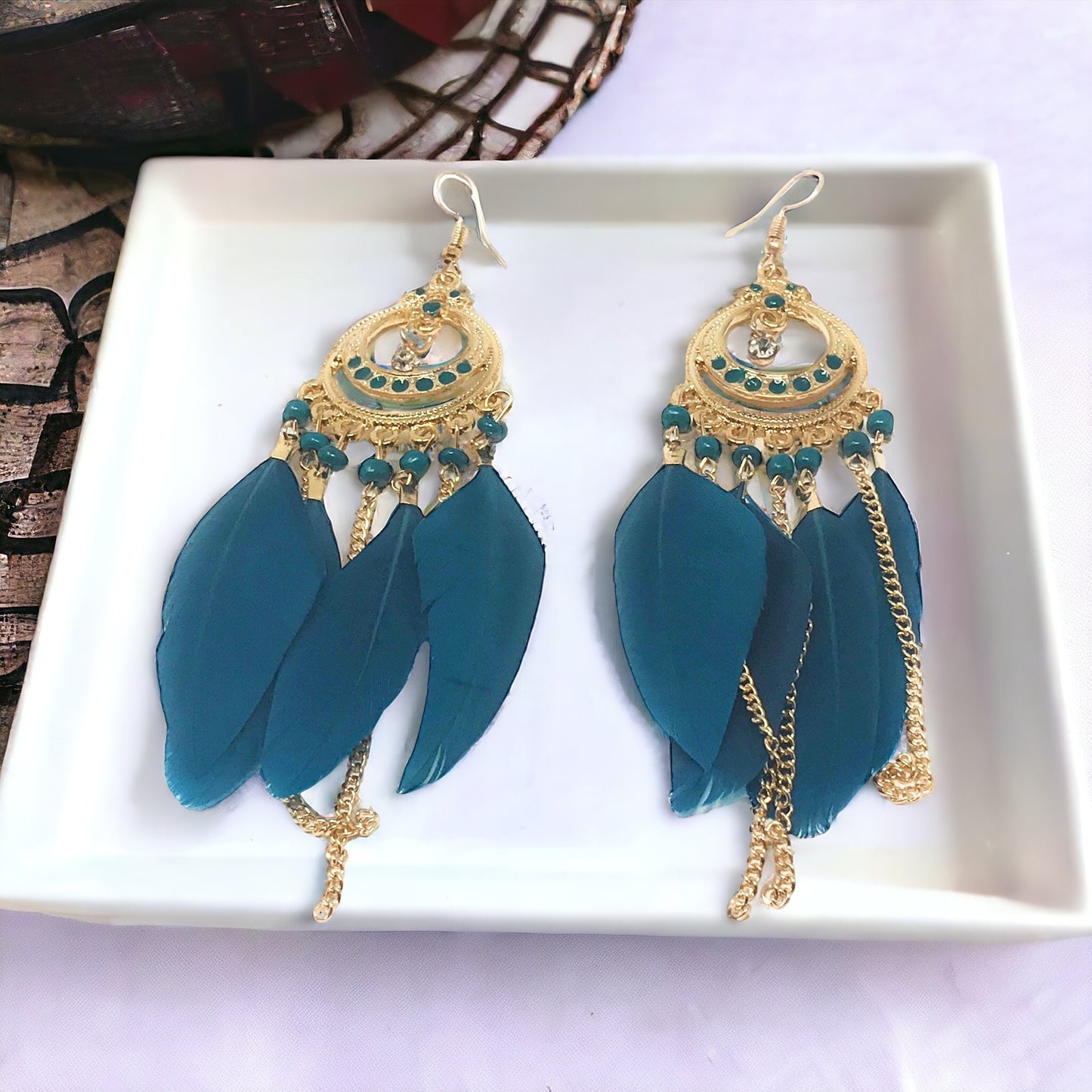 Blue Feather Dangle Earrings – Boho Chic Chain Jewelry