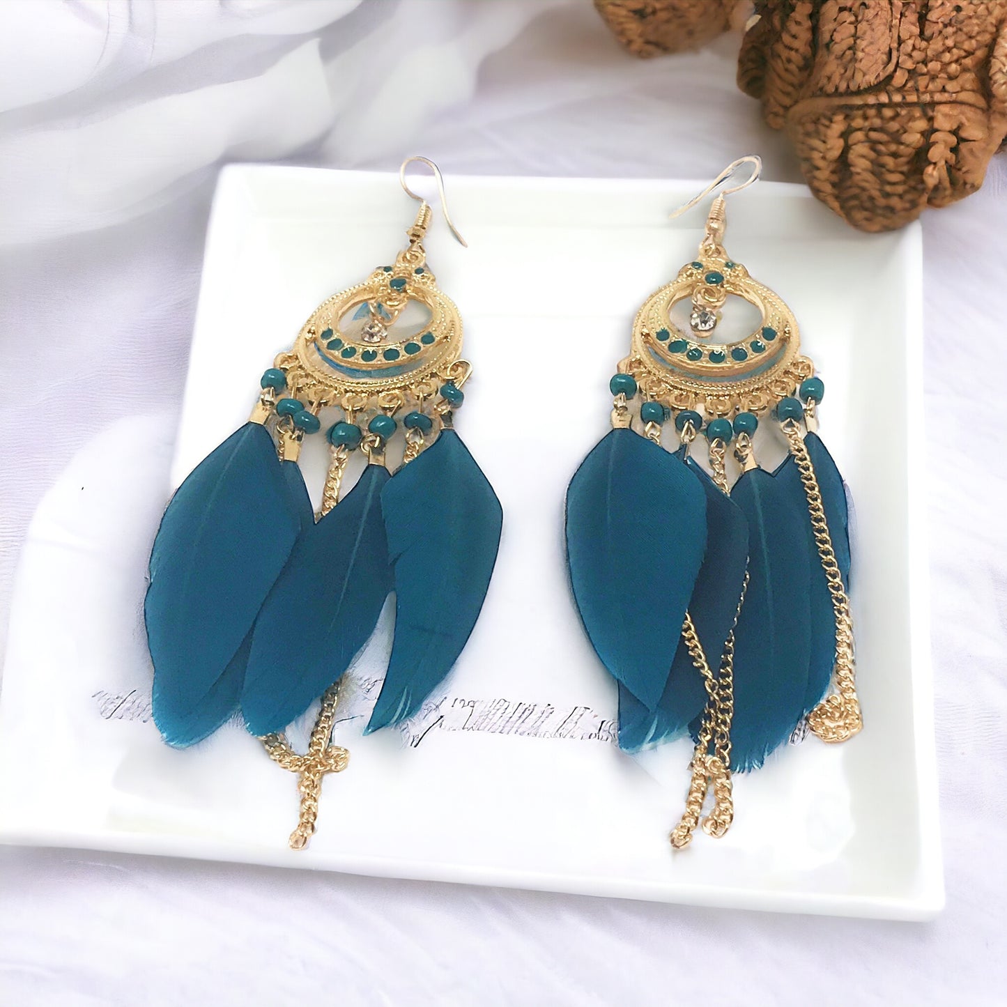 Blue Feather Dangle Earrings – Boho Chic Chain Jewelry