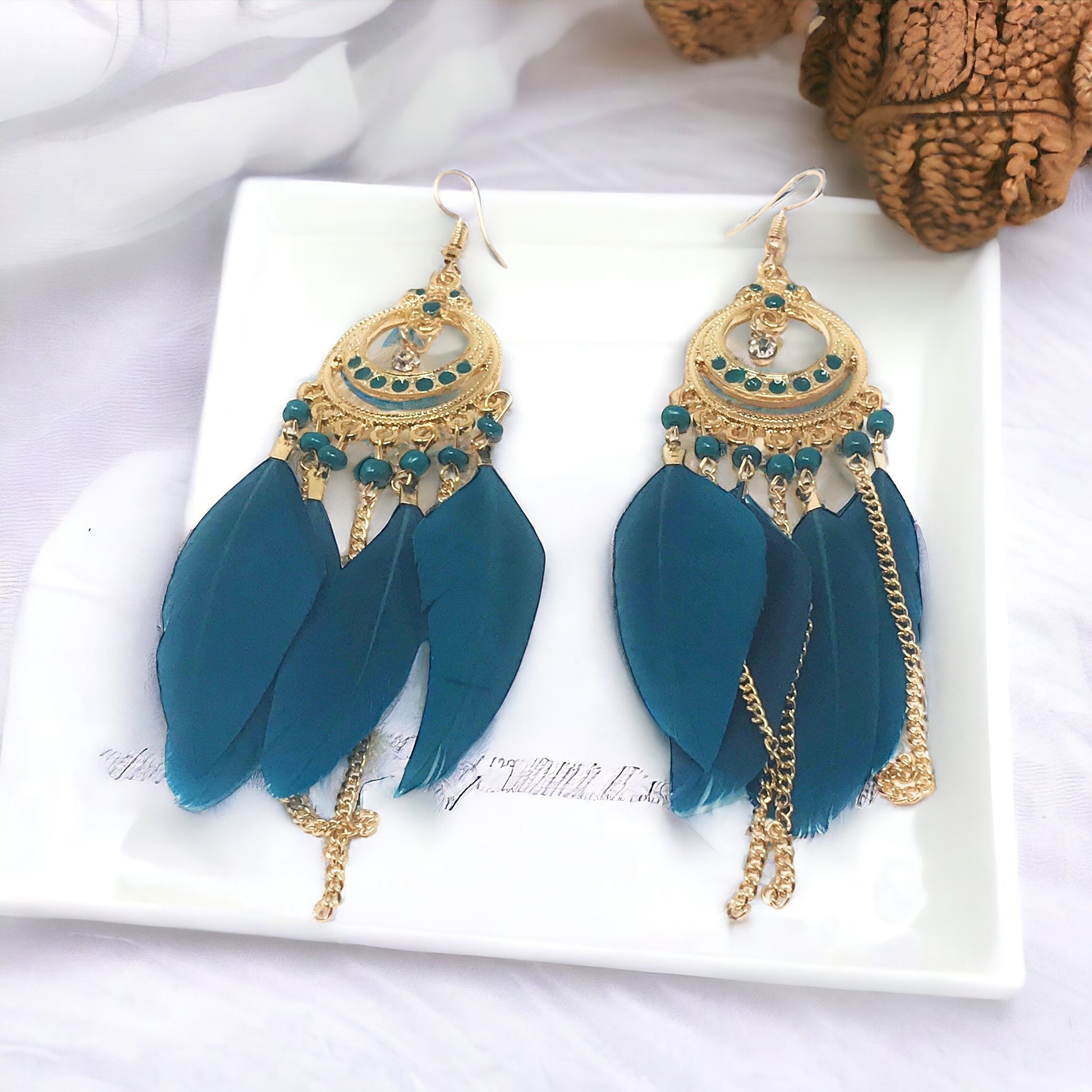 Blue Feather Chain Dangle Earrings - Boho-inspired Chic Accessories