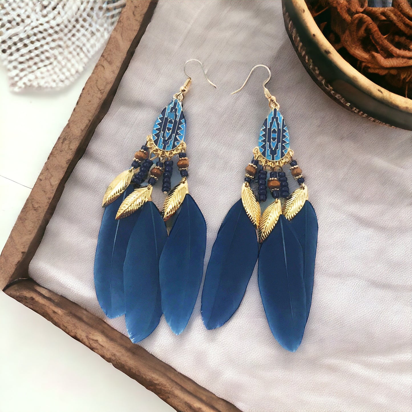 Blue Feather Dangle Earrings – Boho Chic Jewelry