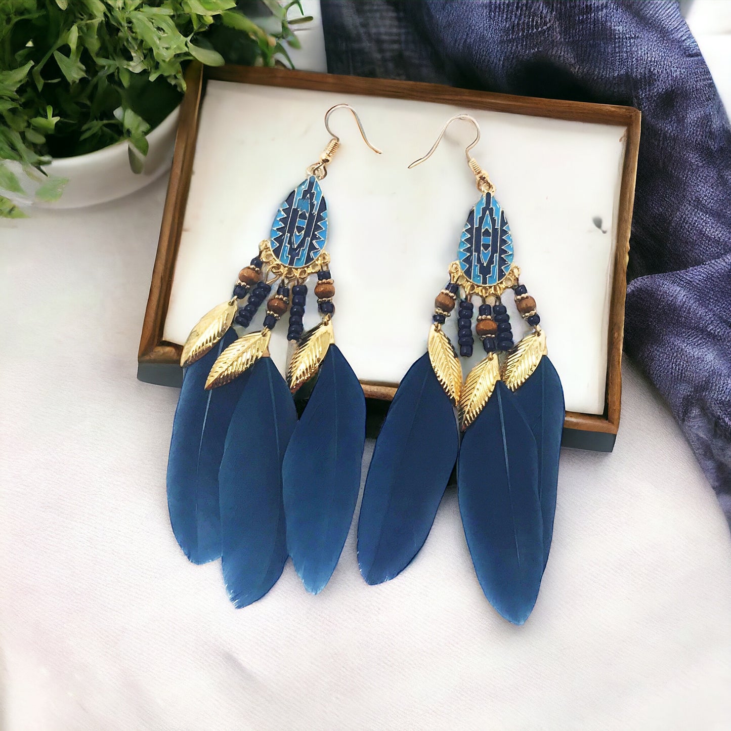 Blue Feather Dangle Earrings – Boho Chic Jewelry