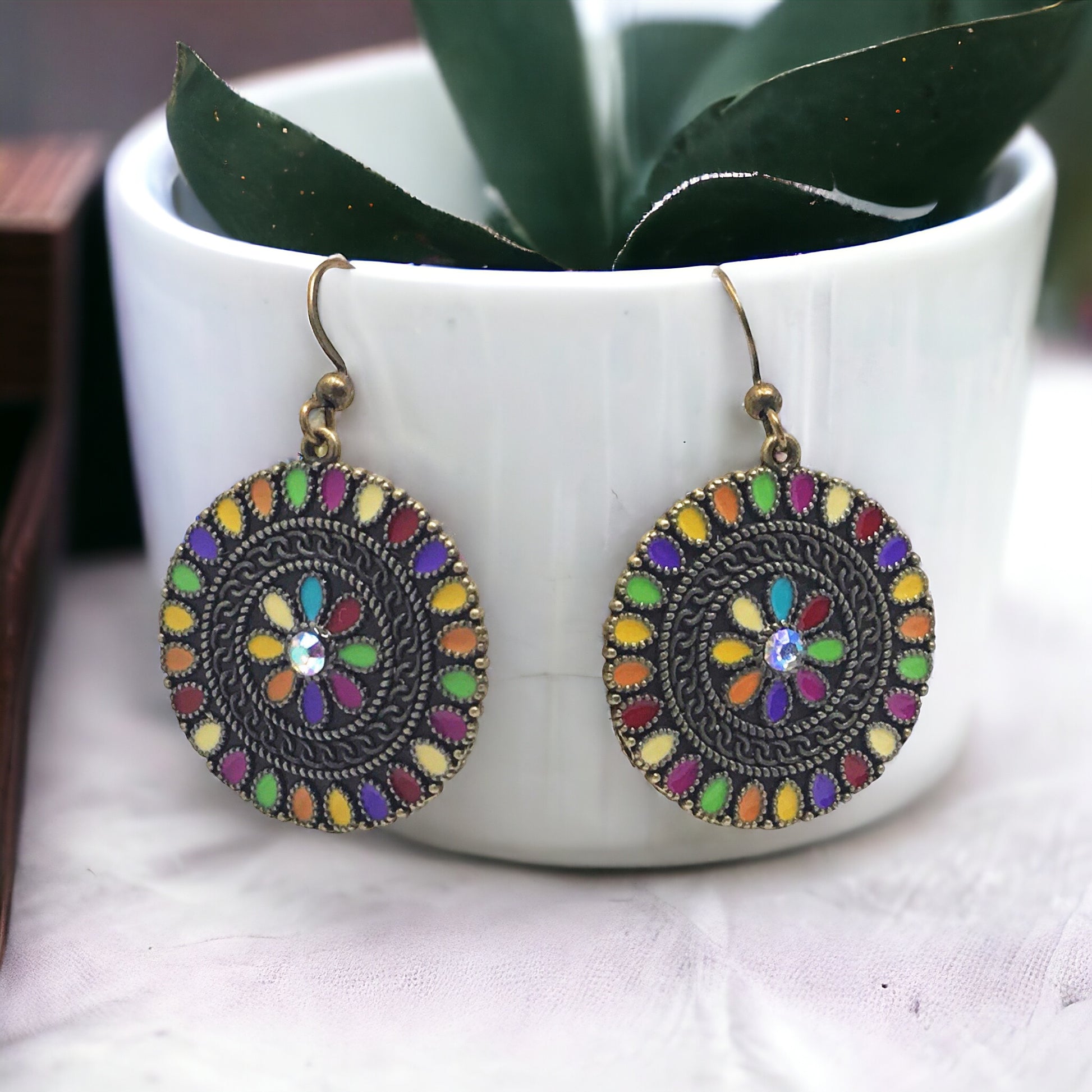 Colorful Round Floral Dangle Earrings with Rhinestone Accents - Stylish & Sparkling Accessories