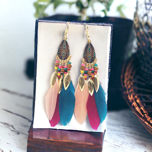 Multi-Colored Feather Earrings - Bohemian-Inspired Vibrant Accessories