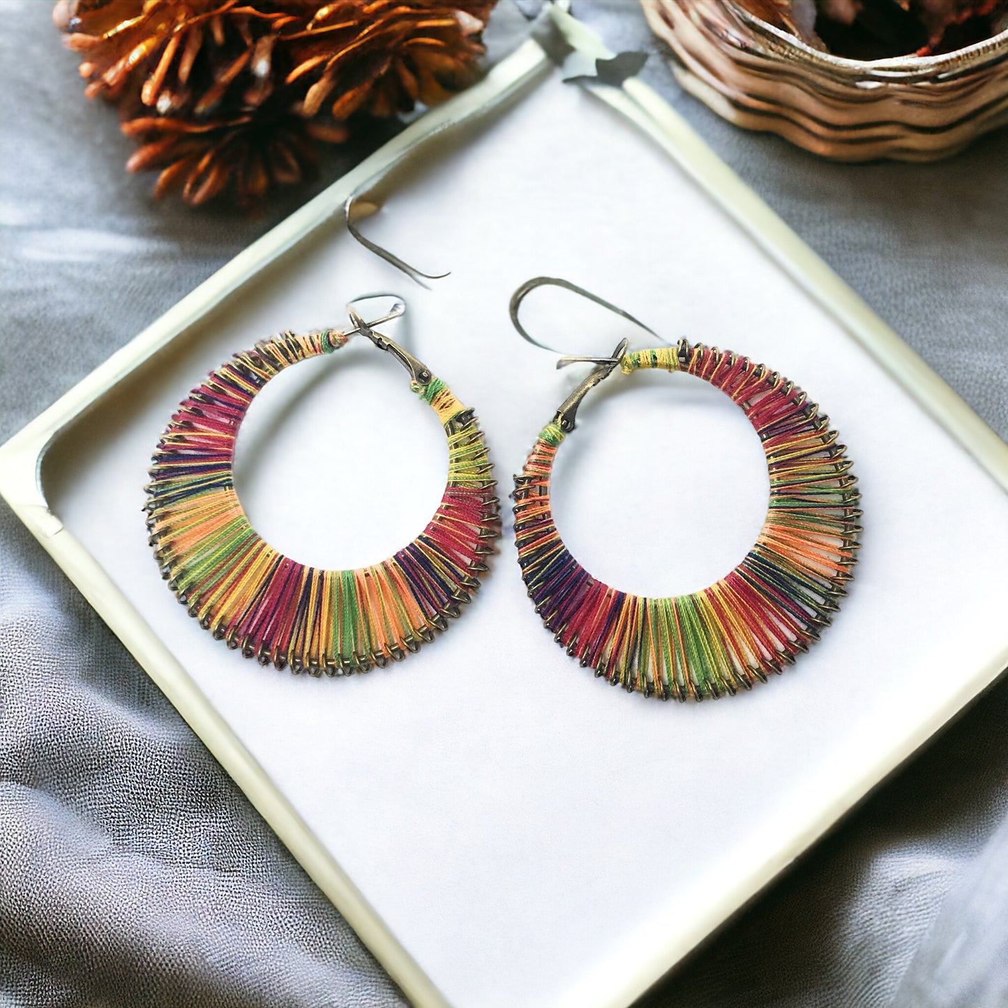 Multi-Colored String Hoop Earrings - Vibrant & Playful Accessories