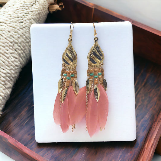 Pink Feather Chain Dangle Earrings - Stylish Bohemian Accessories