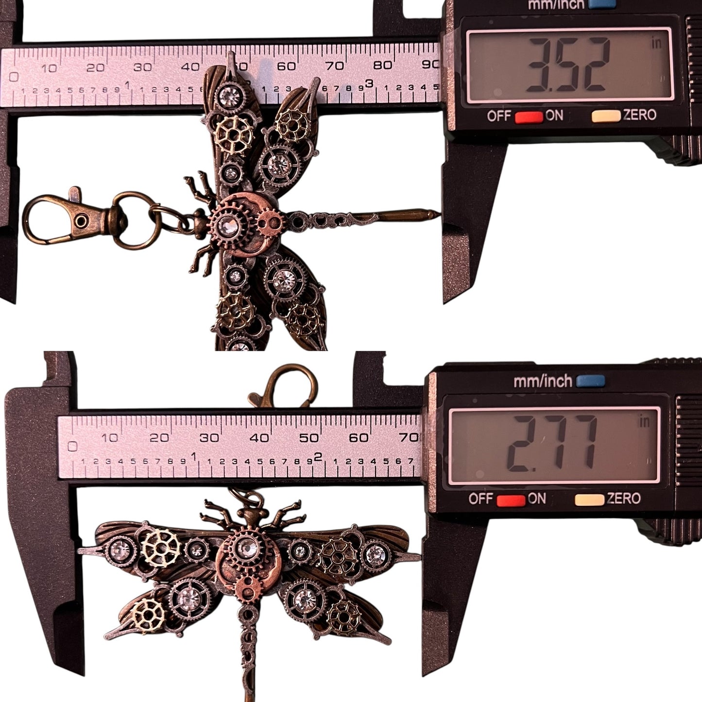 Steampunk Dragonfly Purse Charm – Mixed Metal Gear Keychain with Crystals