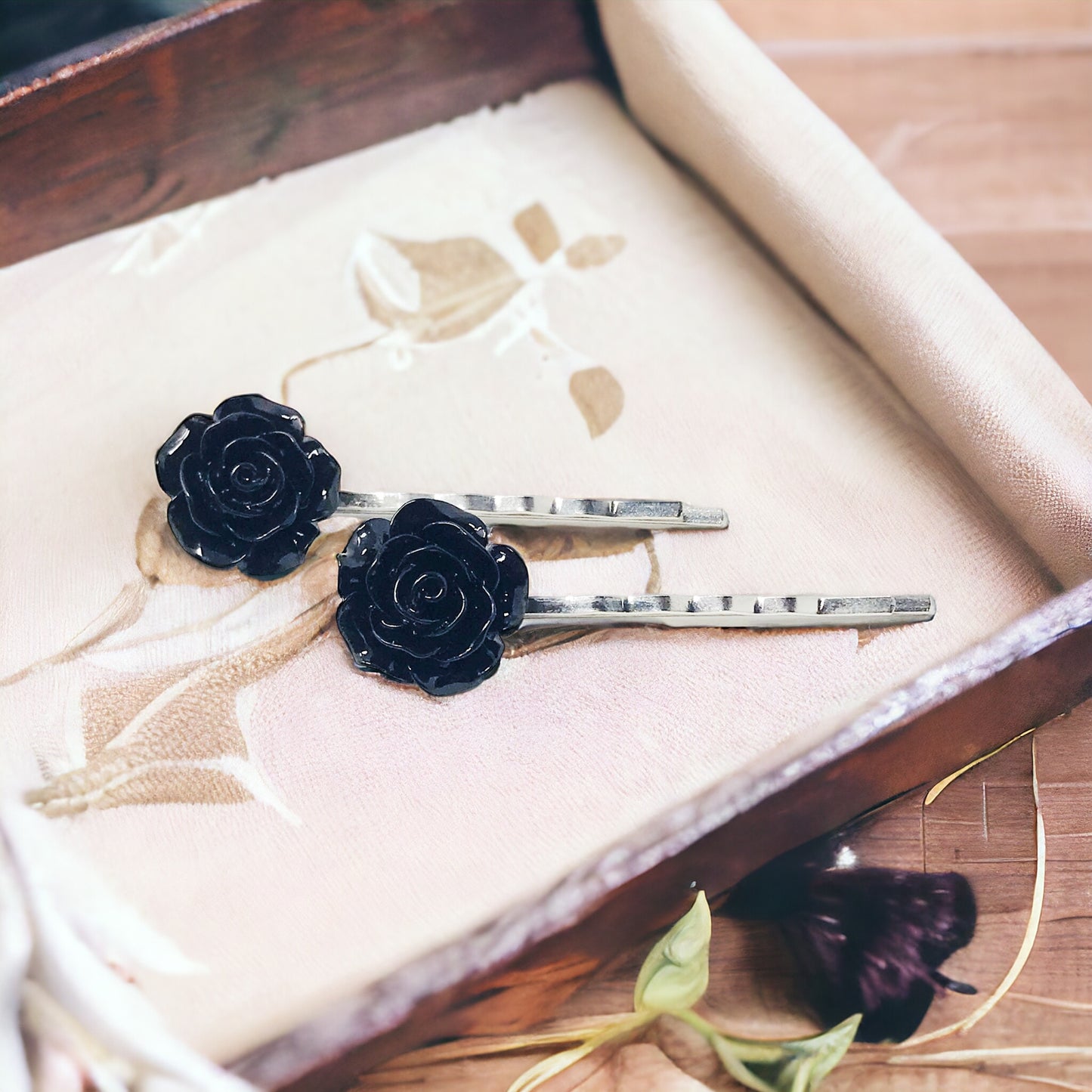 Black Rose Flower Hair Pins - Elegant & Timeless Floral Accessories