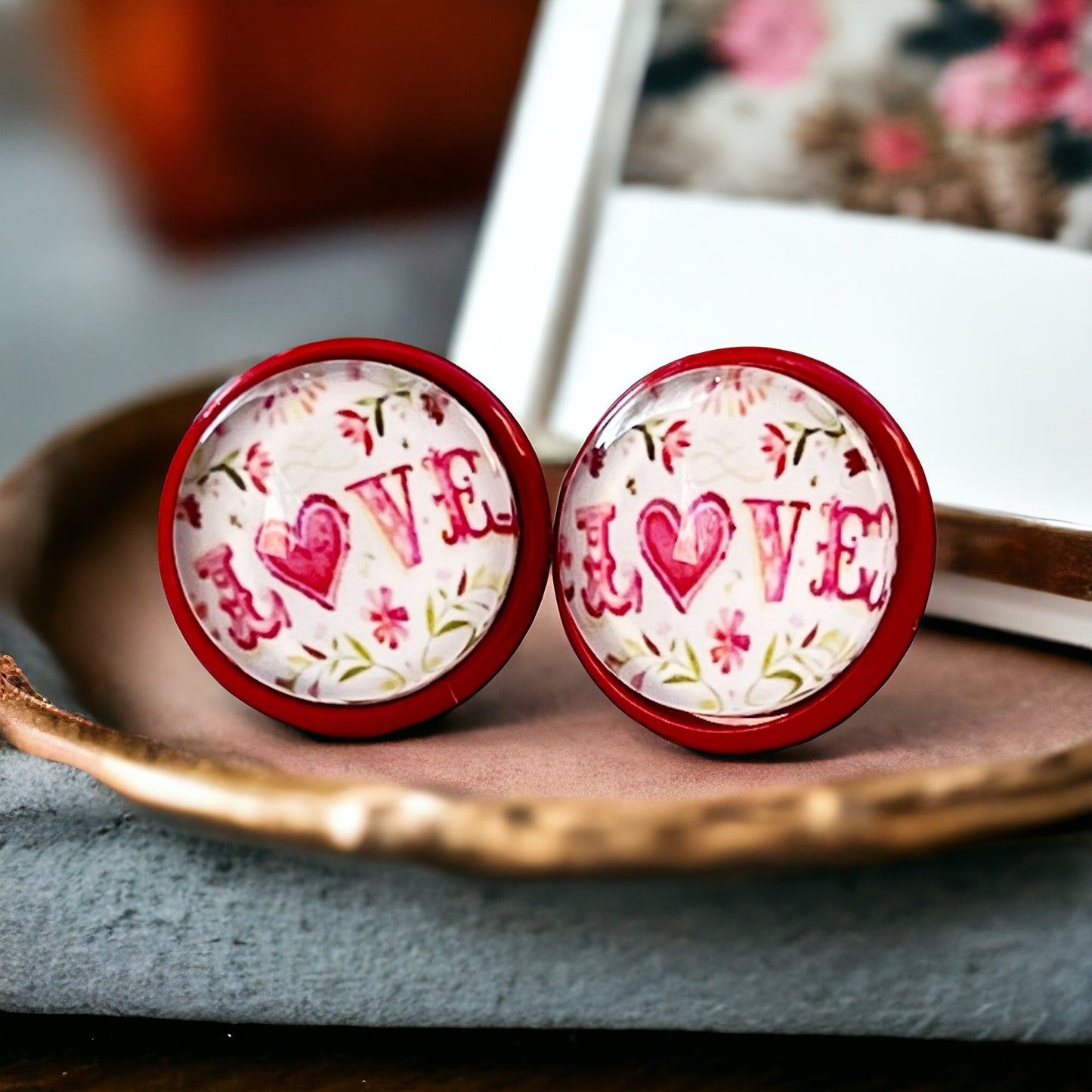 Pink Floral & Heart Red Stud Earrings: Expressive Accents with the Word 'Love’