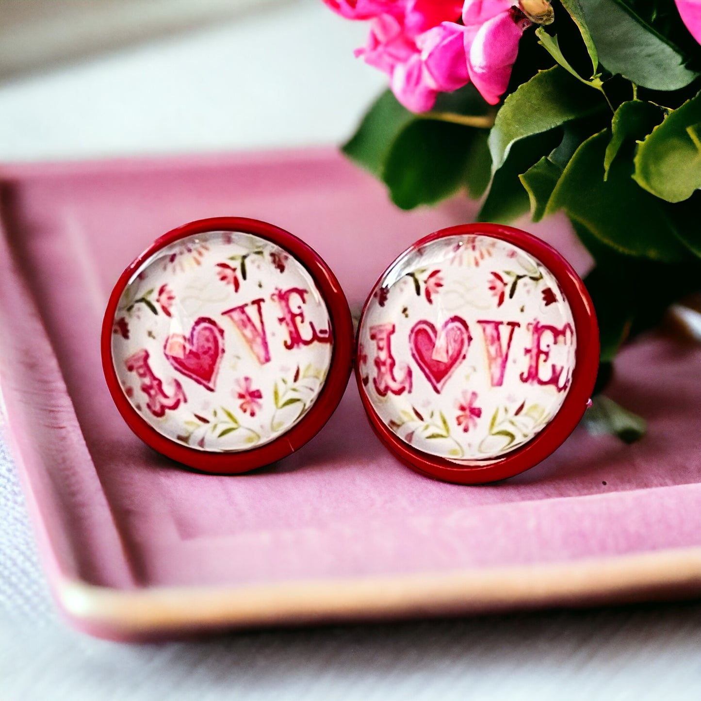 Pink Floral & Heart Red Stud Earrings: Expressive Accents with the Word 'Love’